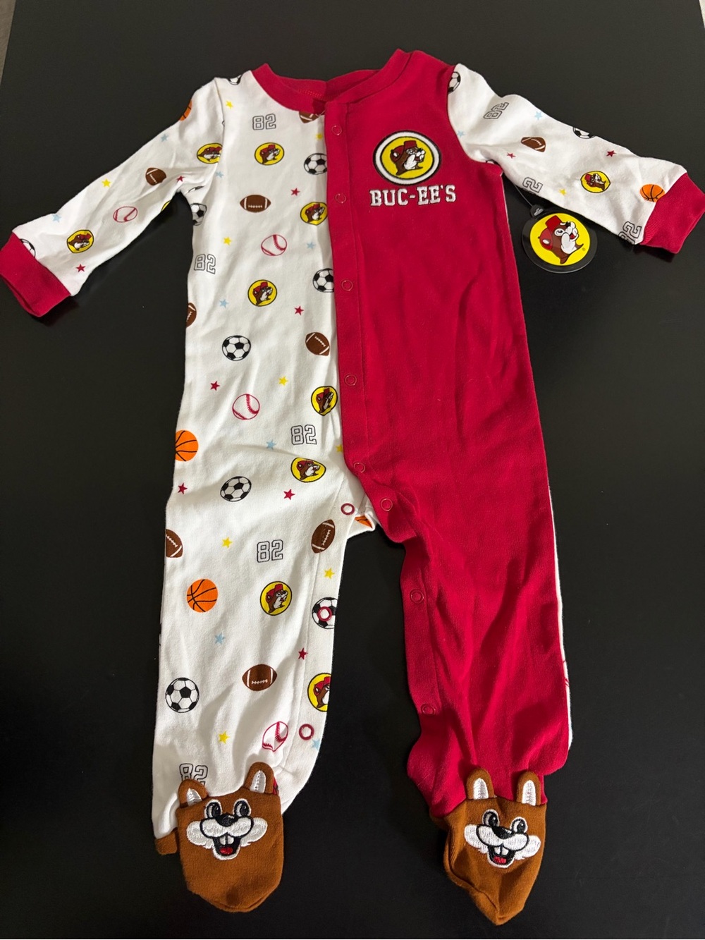Red & White Sports-Print Baby Footed One-Piece